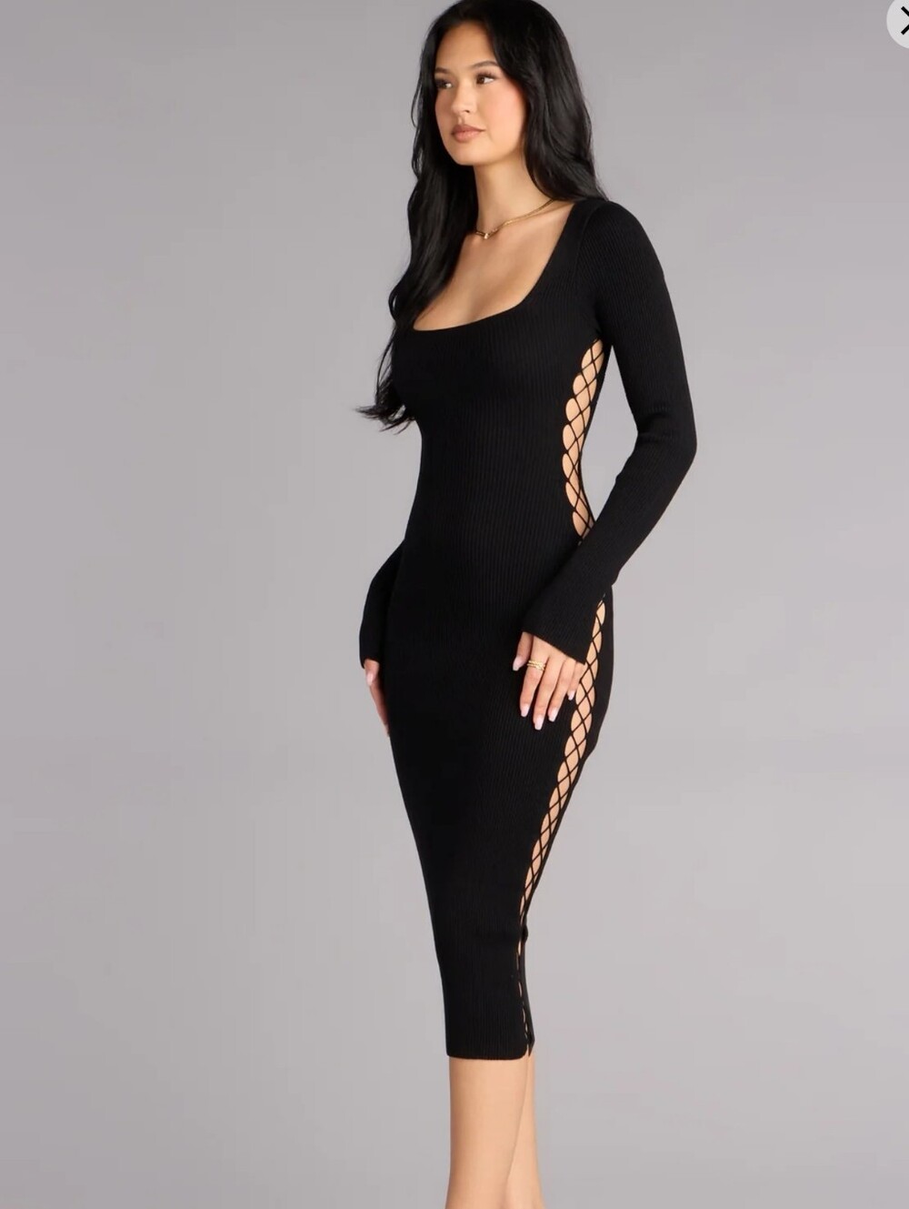 Windsor Black Ribbed Cutout Sweater Dress